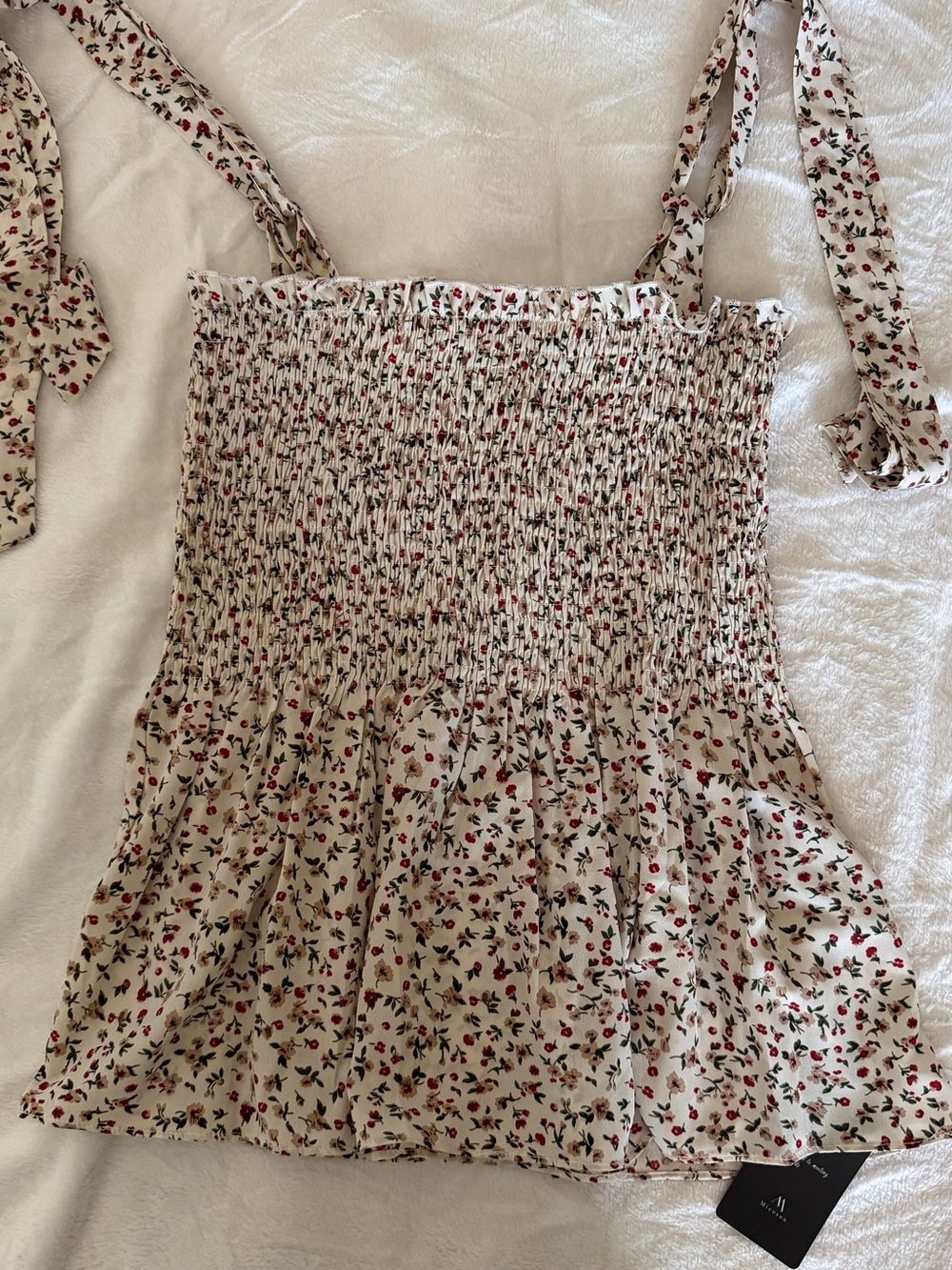 Smocked Tie-Shoulder Floral Tank Top - Cream with Red Floral